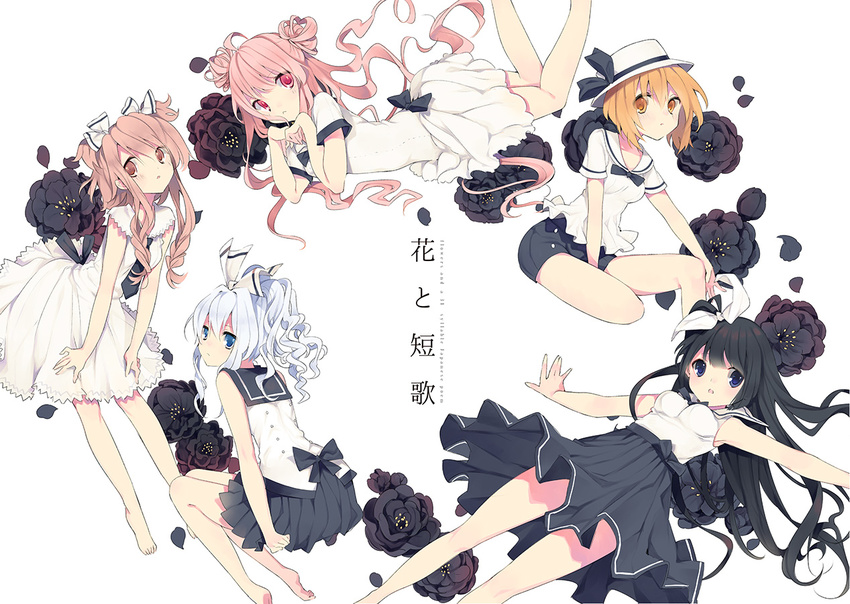 black_eyes black_hair blue_eyes brown_eyes brown_hair flower hair_ribbon hat long_hair lying multiple_girls on_stomach open_mouth orange_eyes orange_hair original pink_eyes pink_hair pleated_skirt ponytail ribbon rugo school_uniform serafuku short_hair shorts sitting skirt translation_request white_hair