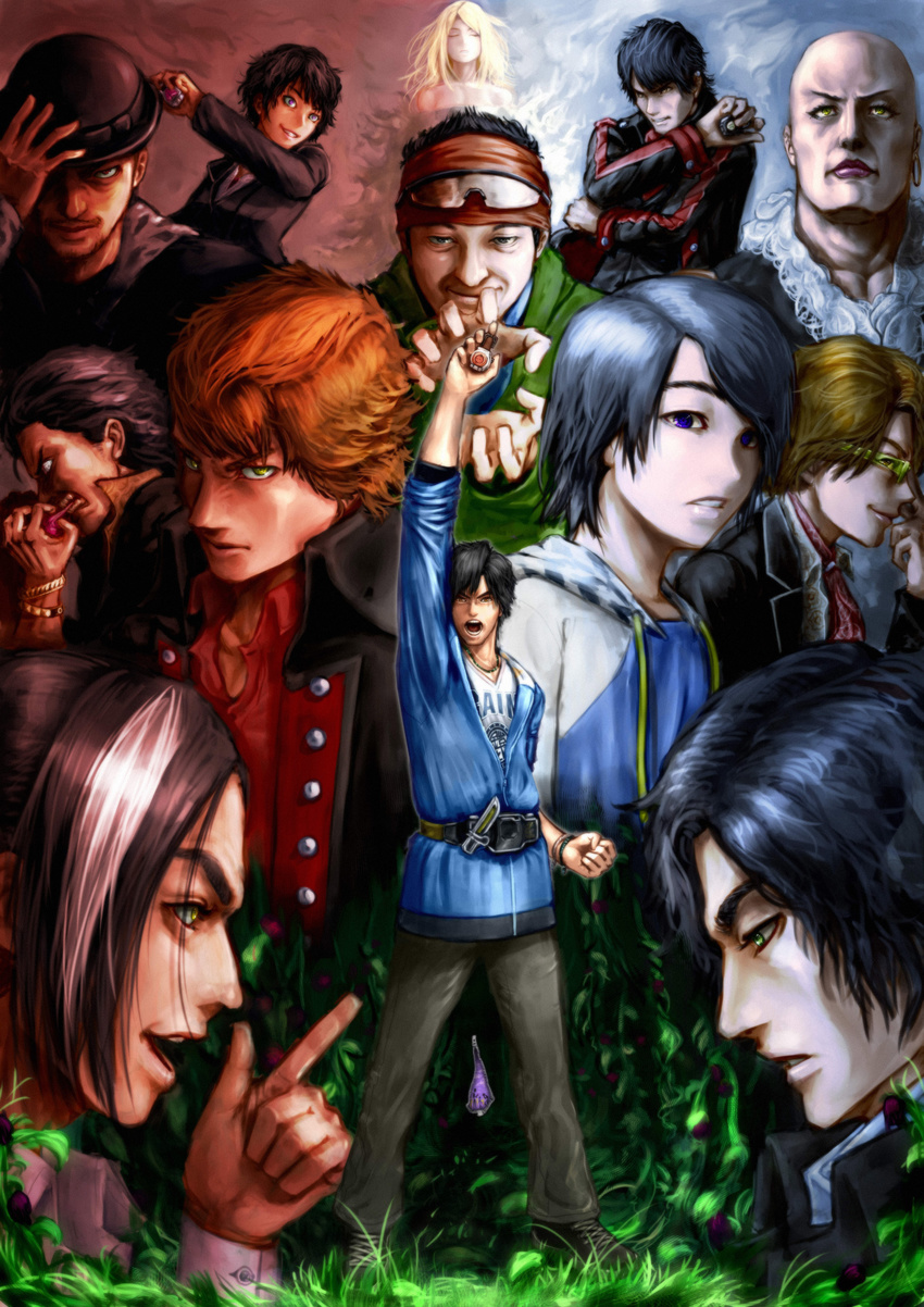 6+boys absurdres ceramic_man dj_sagara hase_ryouji hideyasu_jounouchi highres kamen_rider kamen_rider_gaim_(series) kazuraba_kouta kumon_kaito kureshima_mitsuzane kureshima_takatora lock_dealer_sid lock_seed minato_youko multiple_boys multiple_girls ouren_pierre_alfonzo sengoku_driver sengoku_ryouma takatsukasa_mai unknown_girl_(kamen_rider_gaim) zack_(krg)