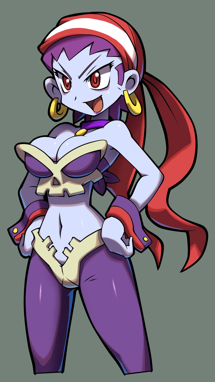 :d absurdres alternate_headwear bandana bare_shoulders blue_skin breasts bustier choker cleavage cropped_legs earrings eyeliner grin hands_on_hips highres hoop_earrings jewelry large_breasts lipstick makeup makoto_yabe navel official_art open_mouth pantyhose pirate purple_hair purple_lipstick red_eyes risky_boots shantae_(series) shantae_and_the_pirate's_curse simple_background skull smile solo standing v-shaped_eyebrows wrist_cuffs