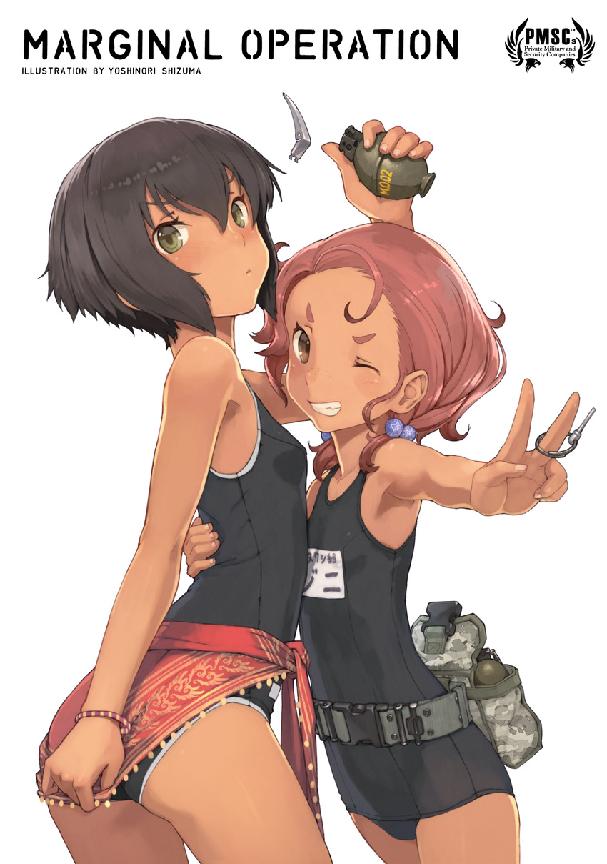 absurdres ass bangs breasts brown_eyes brown_hair covering covering_ass explosive flat_chest freckles green_eyes grenade grenade_pin grin hair_between_eyes hair_bobbles hair_ornament highres looking_at_viewer marginal_operation multiple_girls non-web_source one-piece_swimsuit one_eye_closed parted_bangs pink_hair school_swimsuit shizuma_yoshinori short_hair simple_background small_breasts smile swimsuit v white_background wristband