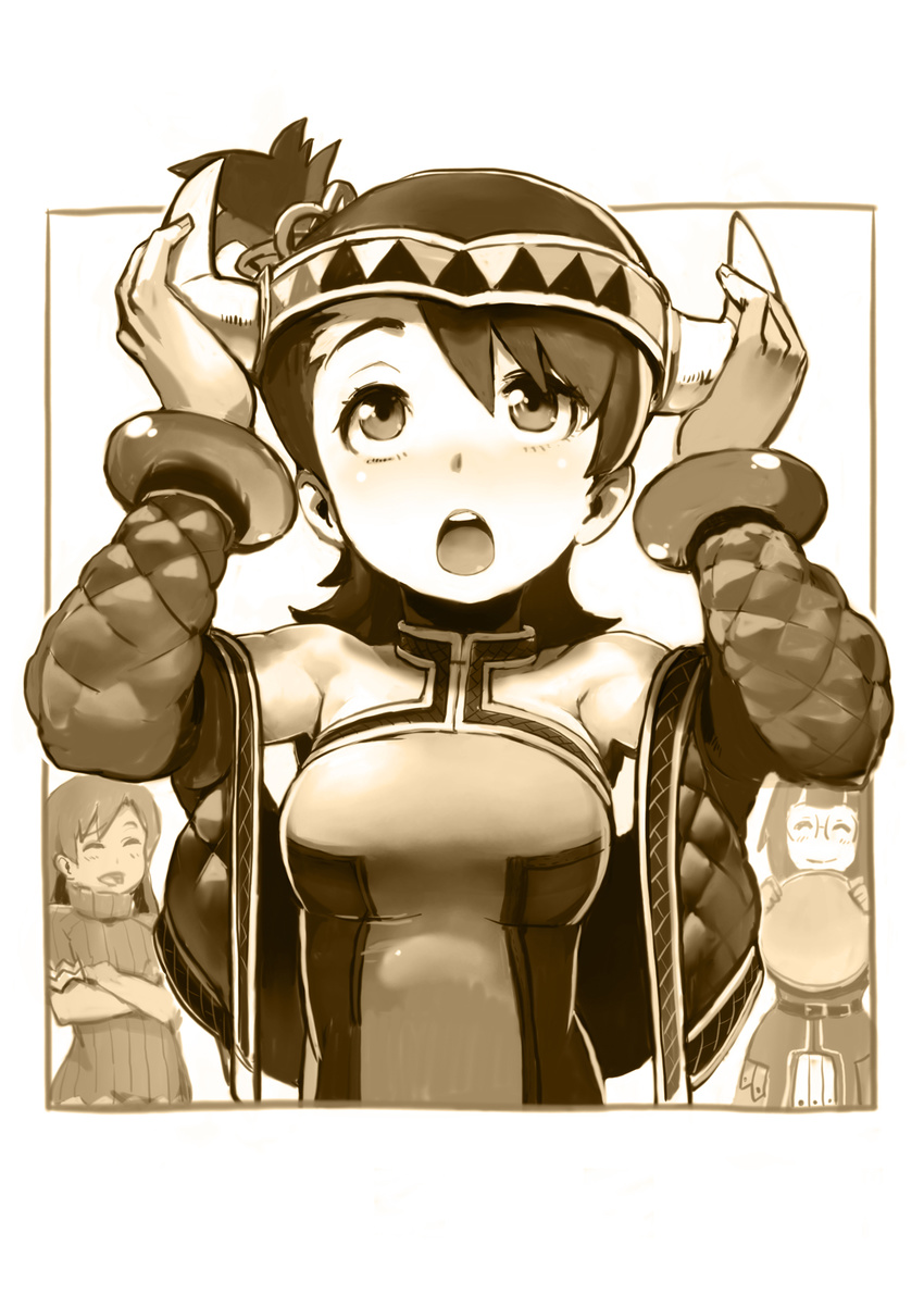 arms_up futami_ami glasses headband highres horns idolmaster idolmaster_(classic) kisaragi_chihaya kousaku monochrome multiple_girls otonashi_kotori short_hair smile