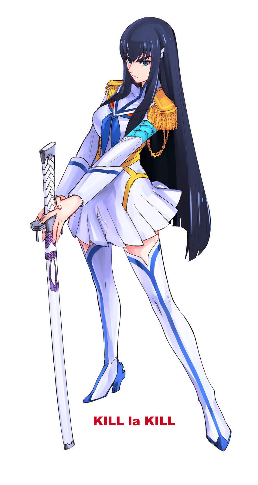 black_hair blue_eyes boots breasts copyright_name dress epaulettes eyebrows full_body hair_ornament hairclip highres junketsu katana kill_la_kill kiryuuin_satsuki large_breasts long_hair planted_sword planted_weapon pleated_dress serious sheath sheathed short_dress solo standing sword tetsu_(kimuchi) thick_eyebrows thigh_boots thighhighs very_long_hair weapon