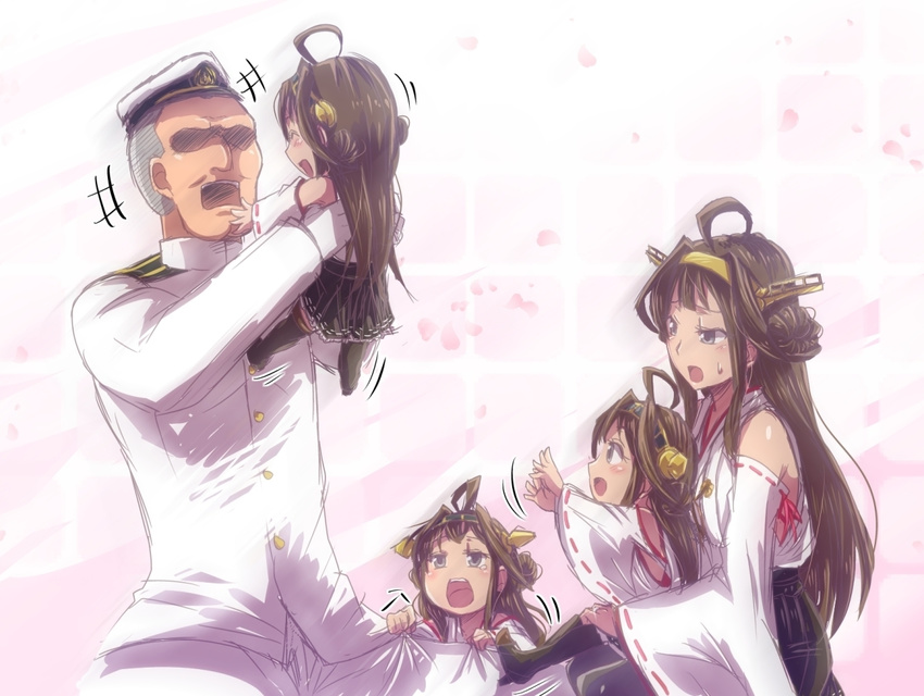 4girls admiral_(kantai_collection) age_difference ahoge brown_hair cherry_blossoms commentary_request crying crying_with_eyes_open detached_sleeves family father_and_daughter hairband japanese_clothes kantai_collection kongou_(kantai_collection) long_hair mother_and_daughter multiple_girls nontraditional_miko pleated_skirt rpg-exen skirt tears younger