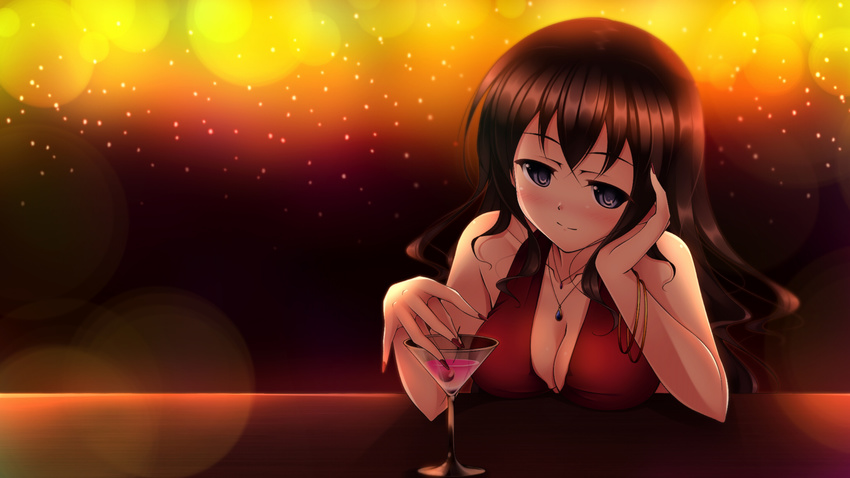 blurry blush bokeh breasts brown_hair cherry chin_rest cleavage cocktail_glass cup depth_of_field dress drinking_glass food fruit highres jewelry jk-ff large_breasts light_particles long_hair nail_polish necklace original purple_eyes red_dress red_nails solo upper_body