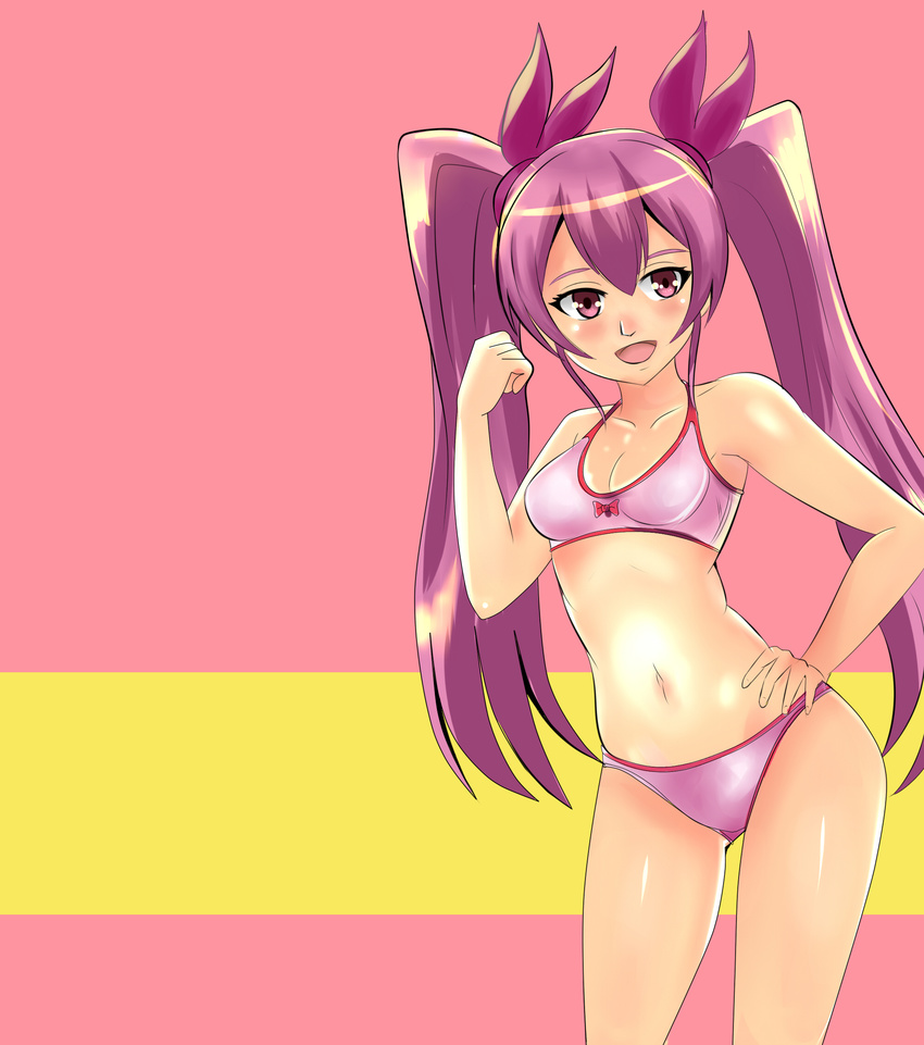 akame_ga_kill! angel_pena_(angelox) blush bra breasts contrapposto hair_ribbon hand_on_hip highres long_hair mine_(akame_ga_kill!) panties pink_eyes pink_hair ribbon small_breasts solo standing training_bra twintails underwear underwear_only