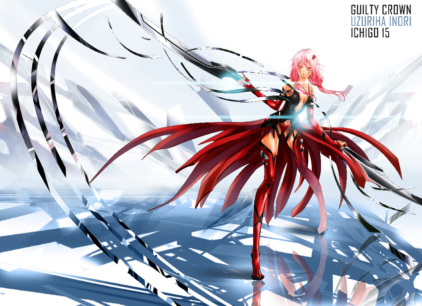 alternate_costume bad_aspect_ratio bare_shoulders breasts center_opening cleavage detached_sleeves dual_wielding elbow_gloves fingerless_gloves gloves guilty_crown hair_ornament hairclip holding long_hair looking_at_viewer navel pink_hair red_eyes solo thighhighs time_(fiftean) twintails void_(guilty_crown) yuzuriha_inori