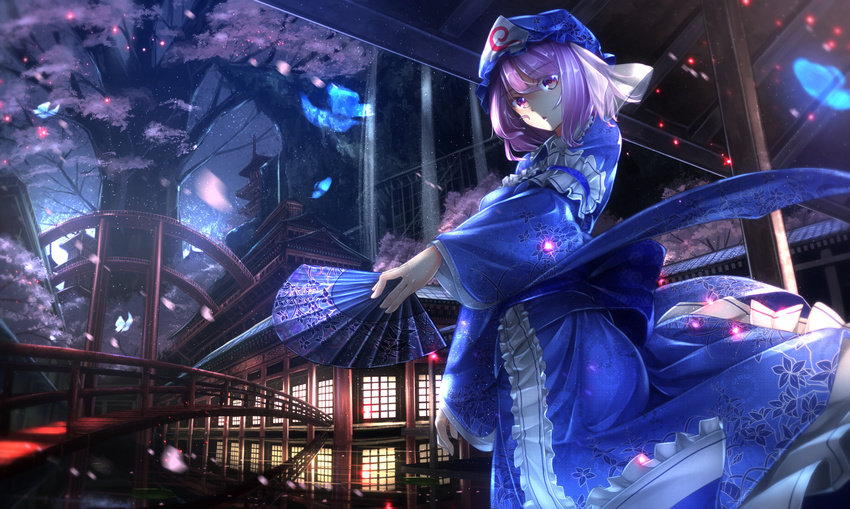 architecture bridge bug butterfly cherry_blossoms east_asian_architecture fan folding_fan frills hat highres insect light_particles looking_at_viewer mob_cap night petals pink_eyes pink_hair reflection ryosios saigyou_ayakashi saigyouji_yuyuko solo touhou tree triangular_headpiece water