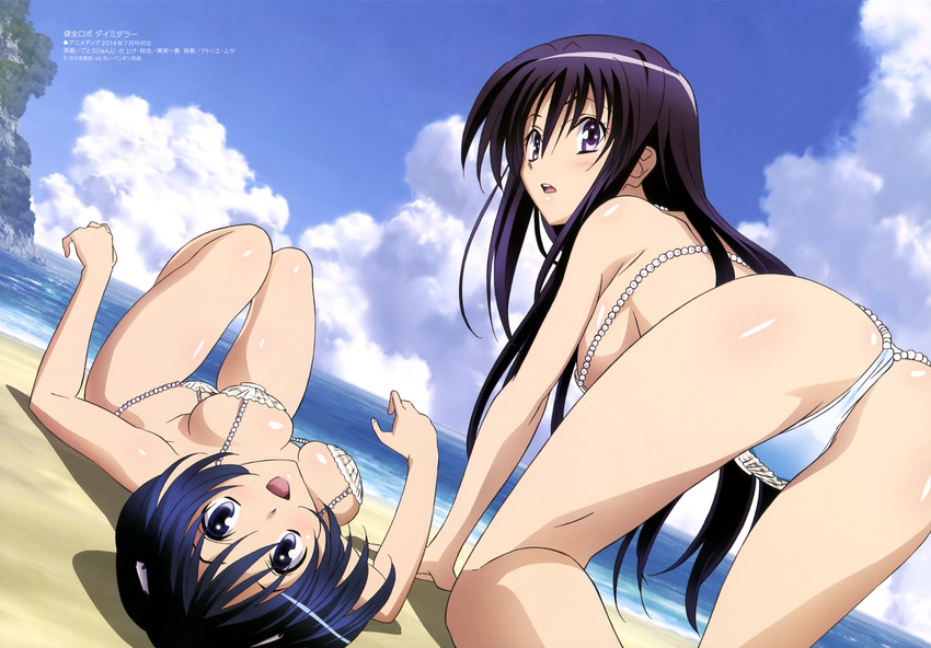 :d :o absurdres all_fours ass bangs beach bikini black_hair blue_eyes blue_hair blush breasts breasts_apart cleavage cloud day detexted downblouse dutch_angle from_behind gotou_junji groin hair_between_eyes hair_ornament hair_over_shoulder hanging_breasts highres kenzen_robo_daimidaler kiyuna_kiriko knees_together knees_up large_breasts legs long_hair looking_at_viewer looking_back lying multiple_girls ocean official_art on_back on_ground open_mouth outdoors pearl purple_eyes rock scan shadow shell shell_bikini shiny shiny_skin short_hair sideboob sky smile sonan_kyouko strap_gap swimsuit thigh_gap third-party_edit upside-down very_long_hair water white_bikini