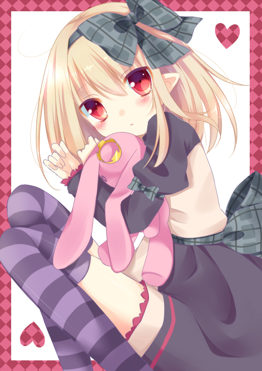 blonde_hair bow dark_feather_alma doll_hug emil_chronicle_online hair_bow hair_ribbon highres hoshi_(snacherubi) looking_at_viewer pointy_ears red_eyes ribbon solo striped striped_legwear stuffed_animal stuffed_bunny stuffed_toy thighhighs