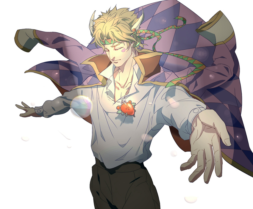 blonde_hair caesar_anthonio_zeppeli cosplay facial_mark heicrosshong highres howl_(howl_no_ugoku_shiro) howl_(howl_no_ugoku_shiro)_(cosplay) howl_no_ugoku_shiro jacket_on_shoulders jewelry jojo_no_kimyou_na_bouken male_focus necklace outstretched_arms red_stone_of_aja solo