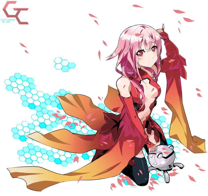 bad_id bad_pixiv_id black_legwear breasts cleavage detached_sleeves fingerless_gloves fyu-neru gloves guilty_crown highres kneeling long_hair looking_at_viewer navel petals pink_eyes pink_hair red_gloves robot small_breasts smile solo thighhighs touwa_nikuman yuzuriha_inori