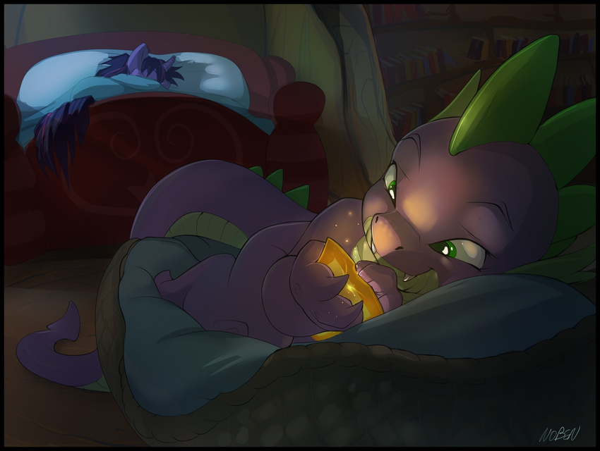 2014 bed dragon equine female feral friendship_is_magic horn horse male mammal my_little_pony noben smile spike_(mlp) ticket twilight_sparkle_(mlp) unicorn