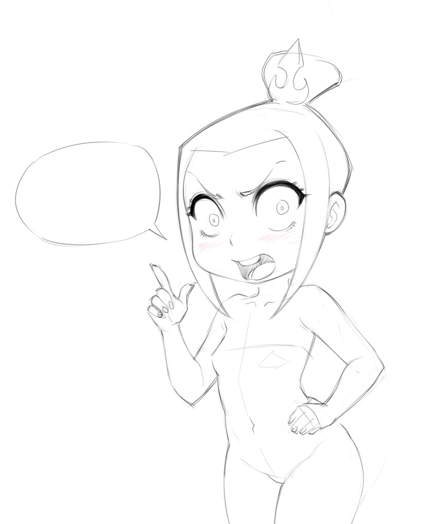 angry avatar:_the_last_airbender avatar_(series) azula blush finger_wagging greyscale hand_on_hip highres lineart lm_(legoman) mitsudomoe monochrome nude open_mouth parody sketch solo speech_bubble style_parody teeth topknot younger