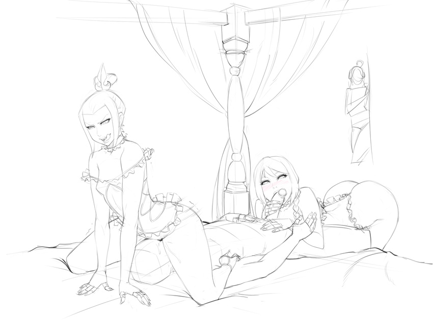 3girls avatar:_the_last_airbender avatar_(series) azula bed blush breasts cunnilingus fellatio greyscale hetero high_heels highres jin_(avatar) lineart lingerie lm_(legoman) monochrome multiple_girls naughty_face oral penis short_hair sitting sitting_on_face sitting_on_person sketch thick_thighs thighs topknot underwear ursa_(avatar) wide_hips