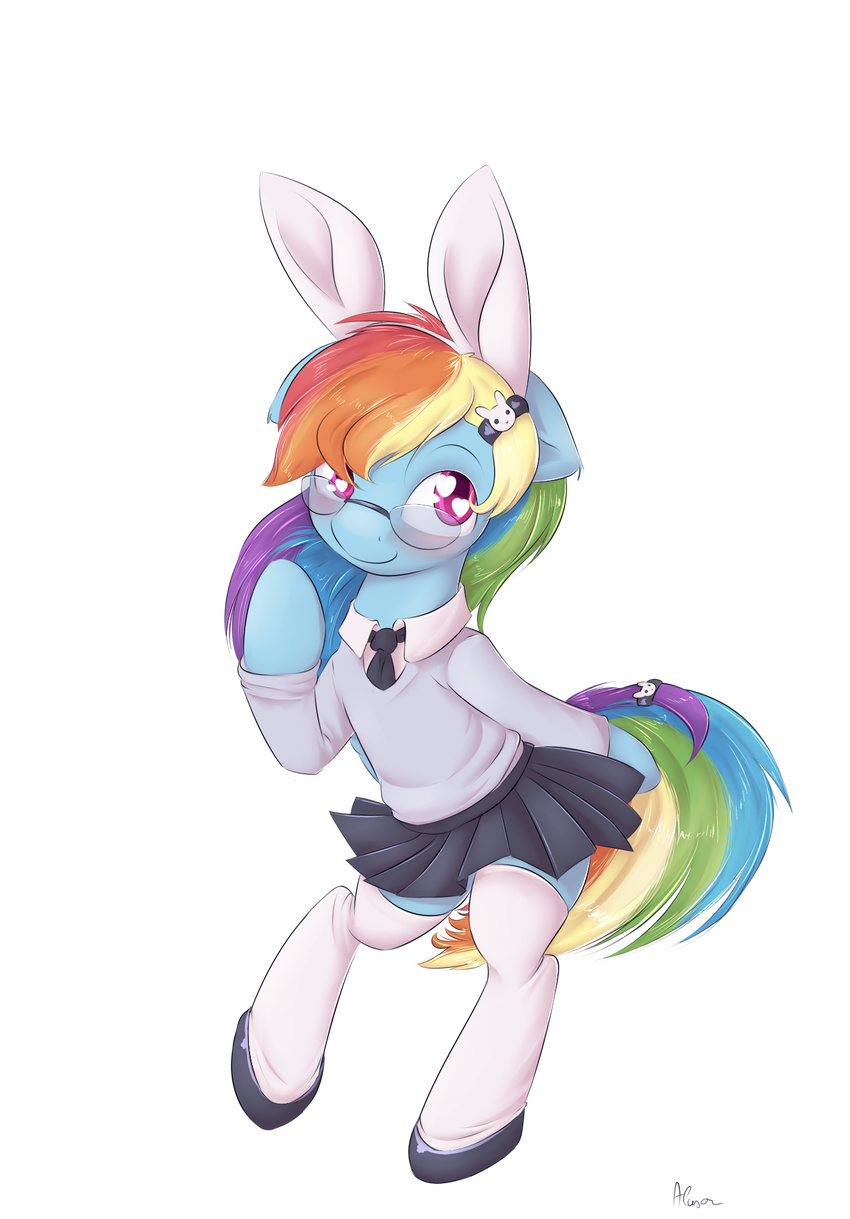 2014 alasou alpha_channel animal_ears bipedal blue_fur clothing equine eyewear female friendship_is_magic fur glasses hair mammal multi-colored_hair my_little_pony pegasus pink_eyes plain_background rabbit_ears rainbow_dash_(mlp) rainbow_hair rainbow_tail shirt skirt smile socks solo transparent_background wings