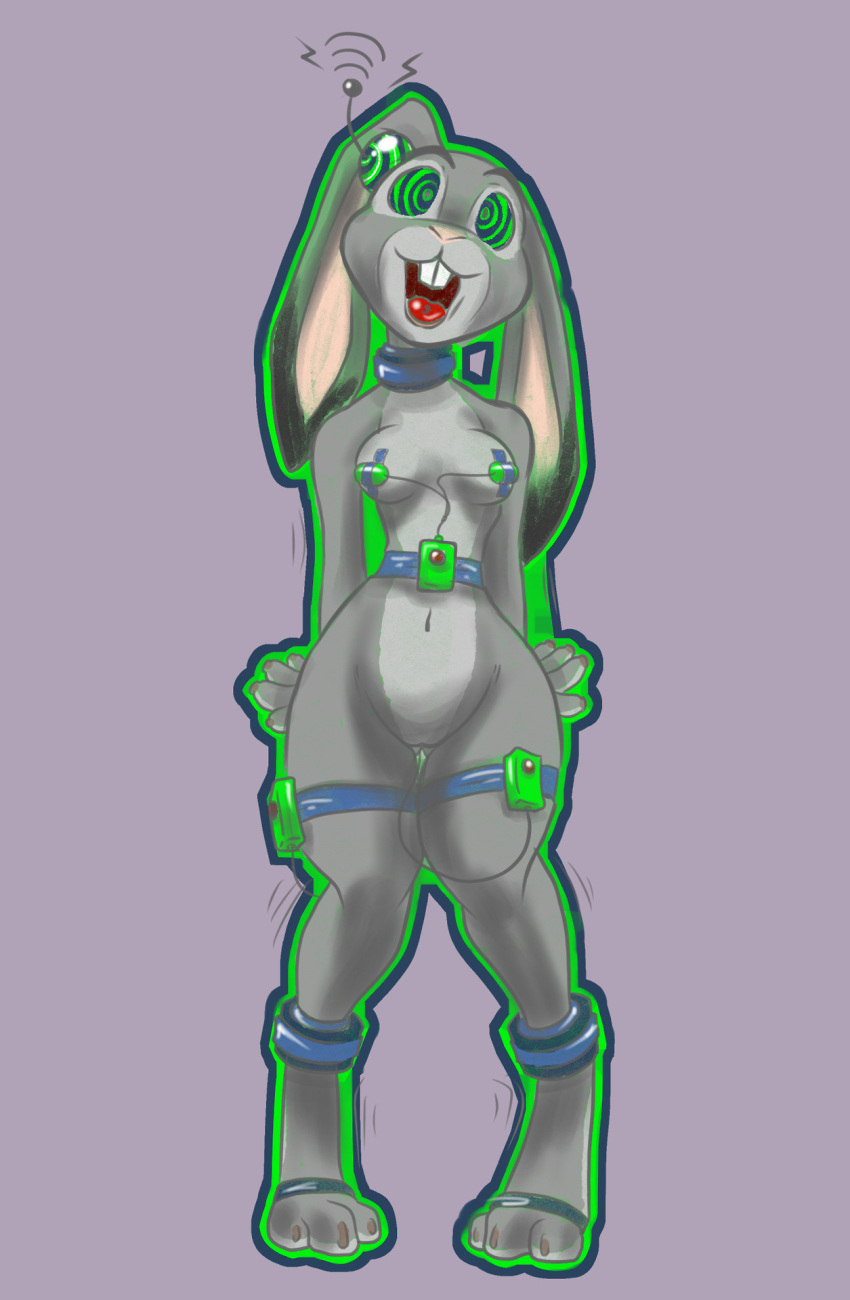 anthro bastianmage buckteeth claws collar disney female hi_res hypnosis judy_hopps lagomorph mammal mind_control nude open_mouth pussy rabbit sex_toy simple_background solo spiral_eyes teeth tiptoes toe_claws vibrator zootopia