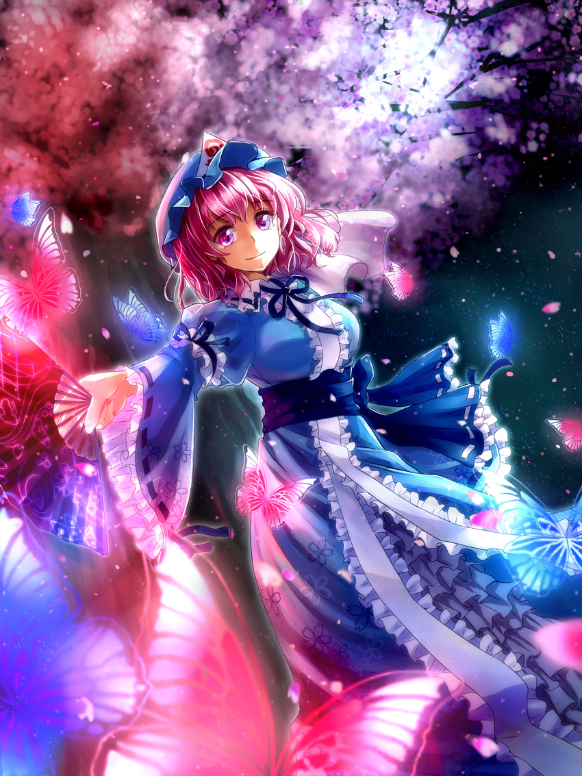 arm_strap blue_dress breasts bug butterfly cherry_blossoms dress fan floral_print hat highres insect juliet_sleeves large_breasts long_sleeves looking_at_viewer mob_cap petals pink_eyes pink_hair puffy_sleeves saigyouji_yuyuko sash shironeko_yuuki smile solo touhou tree triangular_headpiece veil wide_sleeves