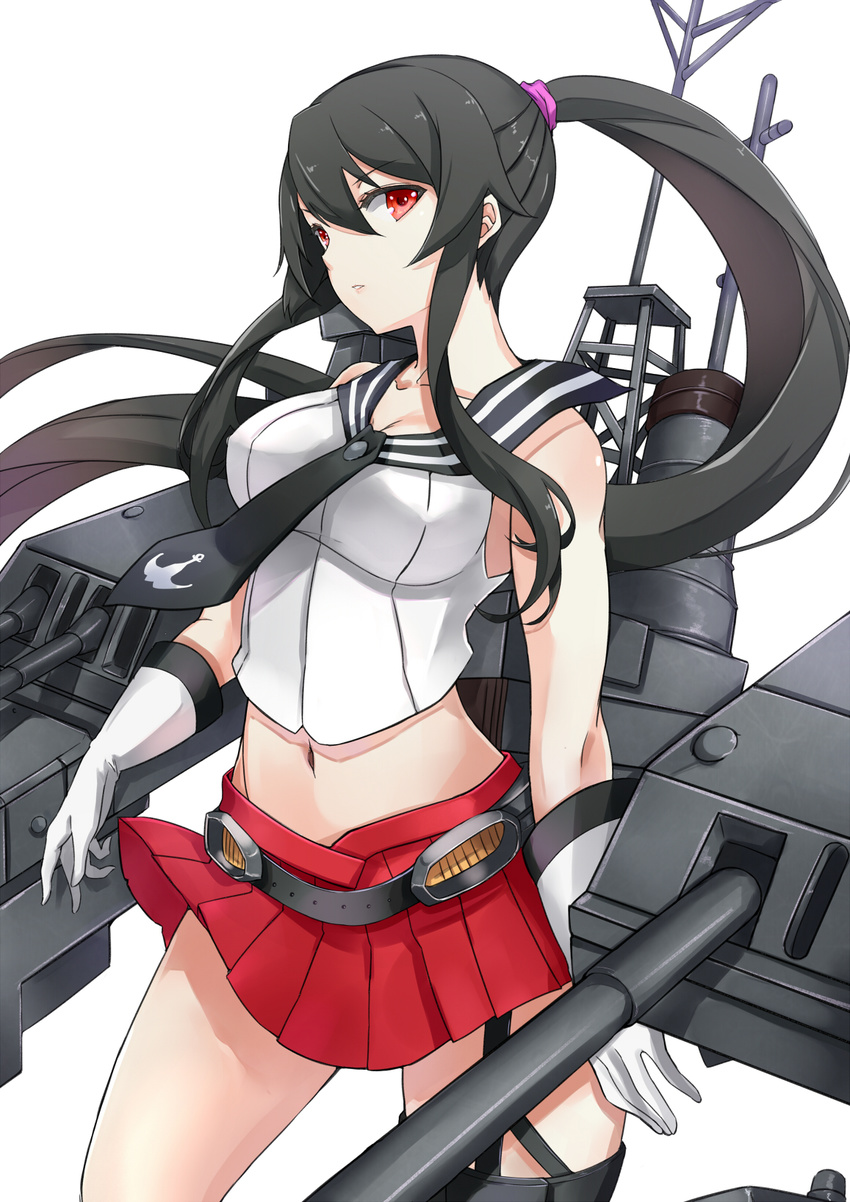 asya bare_shoulders belt black_hair breasts cowboy_shot gloves highres kantai_collection large_breasts looking_at_viewer machinery midriff miniskirt navel pleated_skirt ponytail red_eyes red_skirt sailor_collar school_uniform serafuku simple_background single_thighhigh skirt sleeveless solo thighhighs white_background white_gloves yahagi_(kantai_collection)