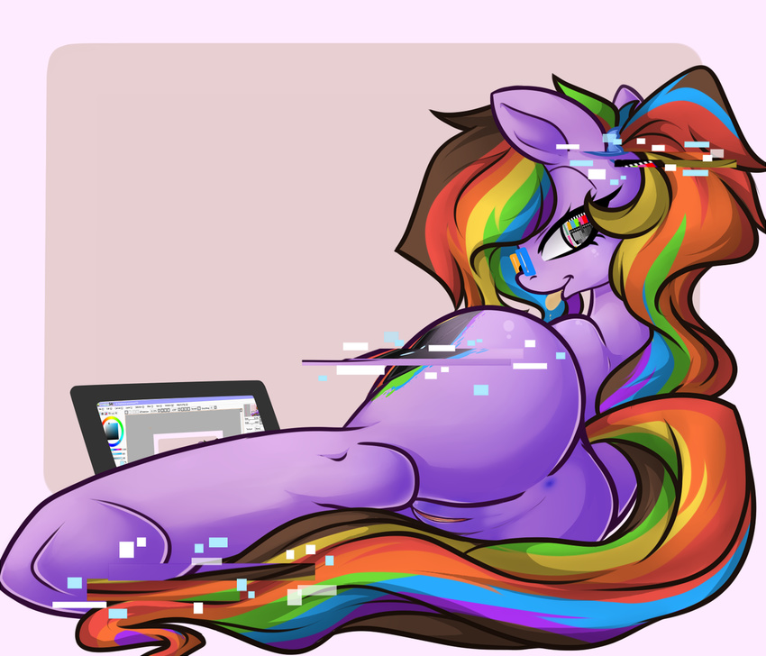 abstract_background anus back_turned bedroom_eyes clitoris computer cutie_mark equine eyewear female friendship_is_magic fur glasses glitchy hair hooves horse long_hair looking_at_viewer looking_back lying mammal multi-colored_hair my_little_pony original_character pony presenting pussy rainbowscreen rainbowscreen_(character) raised_tail smile solo tongue