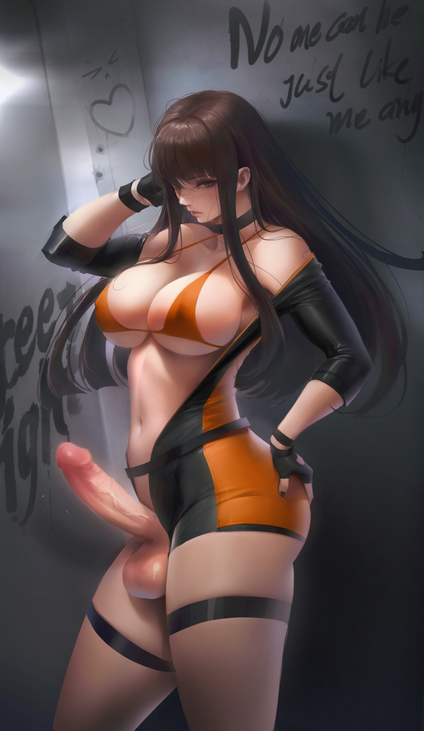 absurdres ass bangs bare_shoulders belt black_choker black_gloves black_nails bodysuit brawler_(dungeon_and_fighter) breasts brown_eyes brown_hair censored center_opening choker covered_nipples dungeon_and_fighter english erection eyebrows_visible_through_hair fighter_(dungeon_and_fighter) fingerless_gloves flute_(artist) futanari gloves graffiti hand_on_hip hand_on_own_head highres large_breasts large_penis lips long_hair looking_at_viewer loose_belt mosaic_censoring nail_polish navel orange_bikini_top penis sidelocks solo strap_gap testicles thigh_strap veins veiny_penis