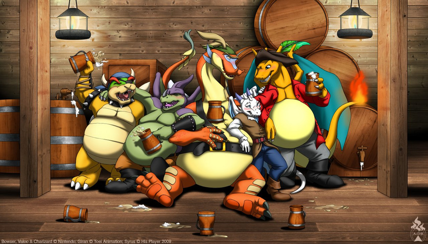 2009 3_toes alcohol anthro barrel beer belly belt beverage big_belly blue_eyes blush boots bottomless bowser charizard clothing dragon dragon_ball drunk duo_radon eye_patch eyewear fangs fire giran giras group happy koopa legend_of_zelda long_neck male mario_bros nintendo open_mouth overweight pok&eacute;mon scalie sharp_teeth shirt smile syrusdragon teeth the_legend_of_zelda toes valoo video_games wind_waker wings yellow_eyes