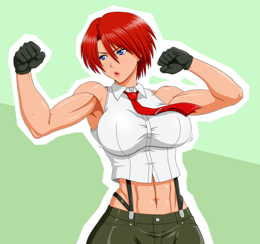 abs bare_shoulders black_gloves blue_eyes breasts clenched_hands crop_top fighting_stance gloves highleg highleg_panties large_breasts lips makani_kohitujito midriff muscle navel necktie panties parted_lips red_hair short_hair sleeveless solo suspenders the_king_of_fighters underwear vanessa_(king_of_fighters)