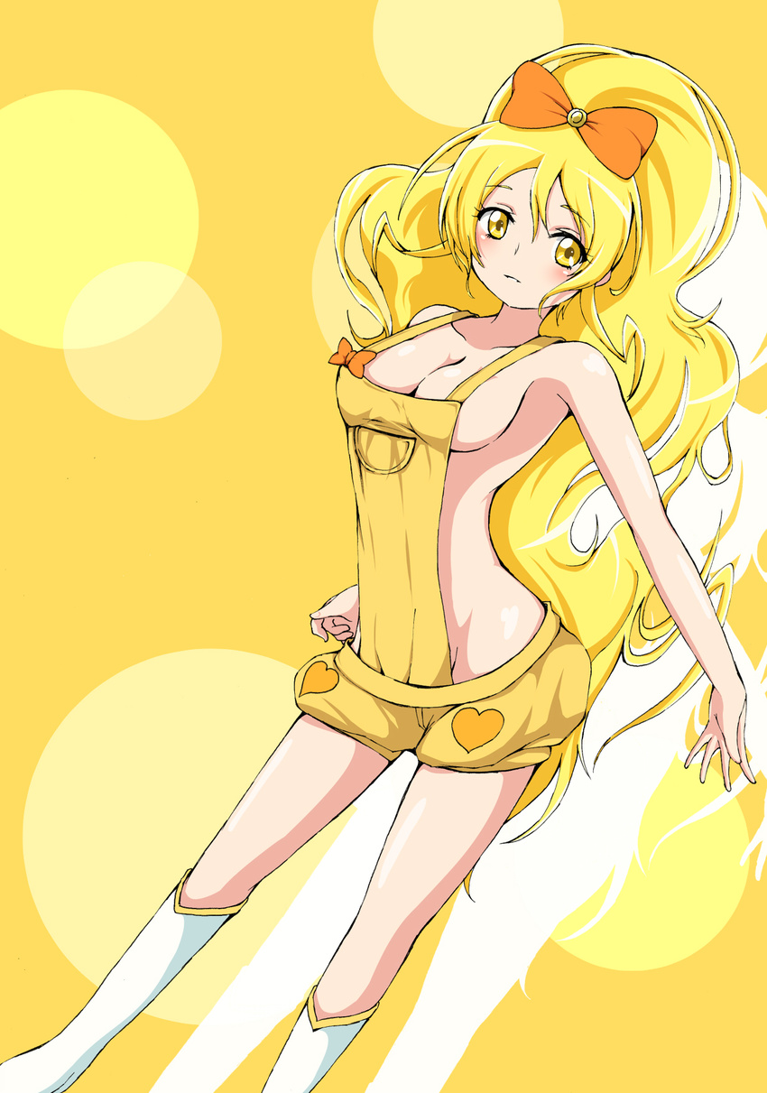 alternate_costume blonde_hair blush bow breasts cure_honey hair_bow happinesscharge_precure! highres izuna_masaru long_hair magical_girl medium_breasts naked_overalls oomori_yuuko overalls ponytail precure sideboob solo yellow yellow_background yellow_eyes