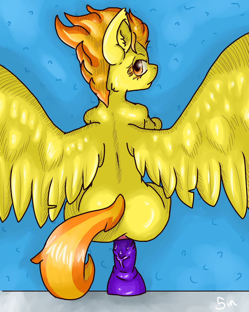 absurd_res amber_eyes anal anal_insertion anal_penetration butt dildo equine feral friendship_is_magic fur hair hi_res insertion lube mammal my_little_pony overhead pegasus penetration poisindoodles sex_toy signature solo spitfire_(mlp) spread_wings two_tone_hair wings wonderbolts_(mlp) yellow_fur