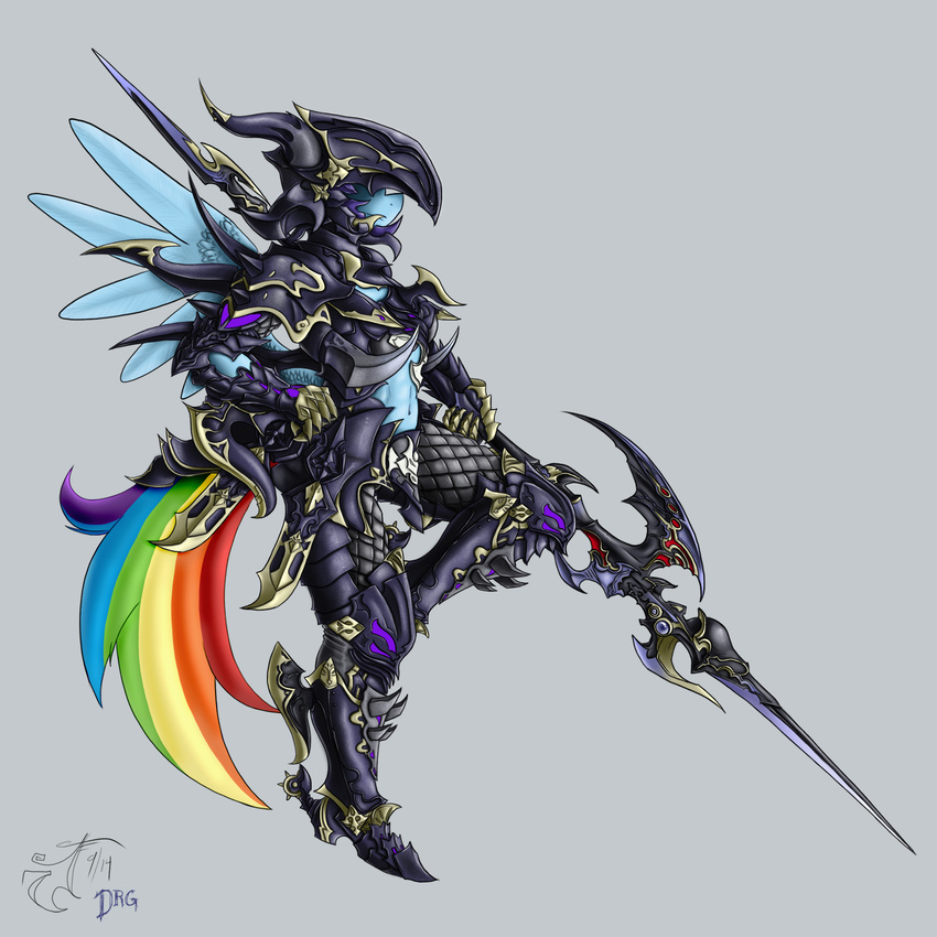 2014 anthro anthrofied armor blackmorass blue_fur equine final_fantasy friendship_is_magic fur grey_background holding mammal my_little_pony pegasus plain_background rainbow_dash_(mlp) solo video_games weapon wings