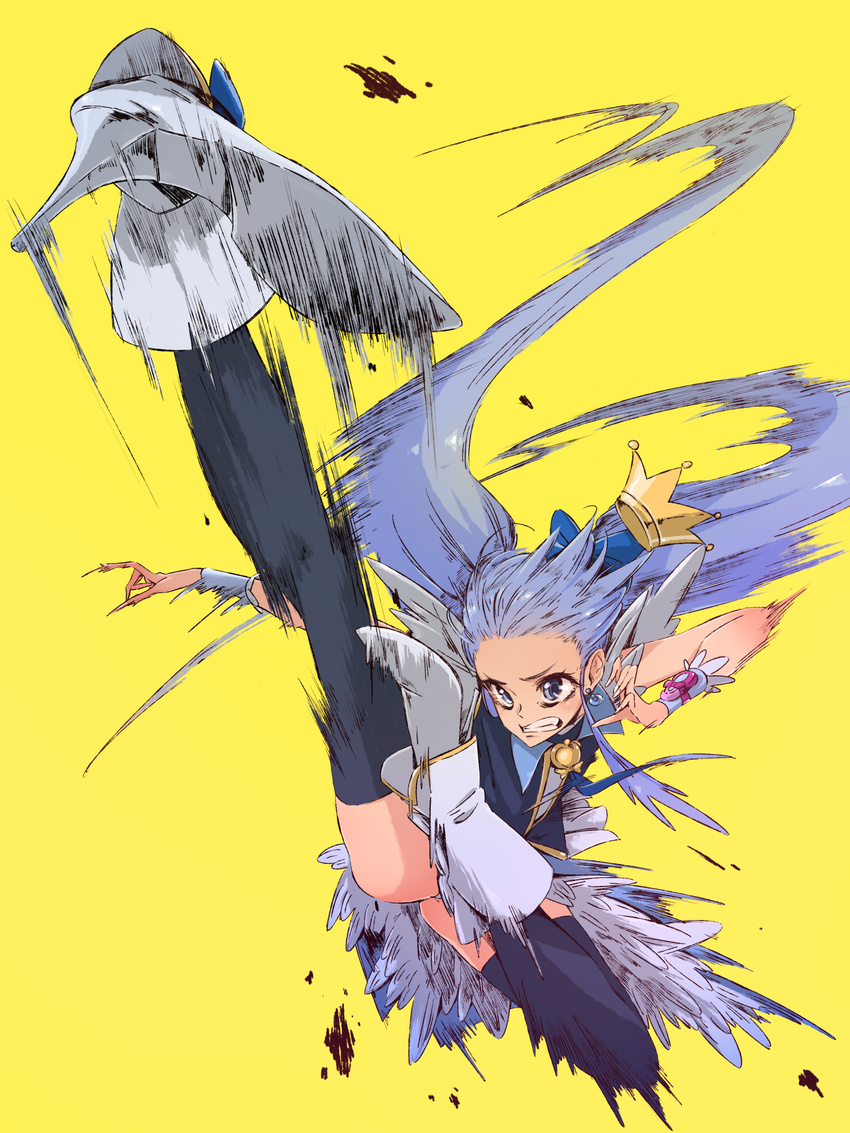 bad_id bad_pixiv_id black_legwear blue_eyes blue_hair crown cure_princess happinesscharge_precure! highres kicking long_hair magical_girl motoki_(hisano_motoki) precure shirayuki_hime simple_background solo thighhighs twintails yellow_background