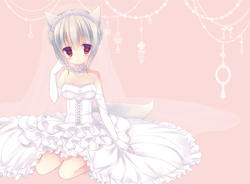 animal_ears bare_shoulders brown_eyes choker collarbone dress elbow_gloves flower fox_ears fox_tail frills gloves hair_flower hair_ornament looking_at_viewer original silver_hair sitting smile solo sumii tail wedding_dress white_dress white_gloves