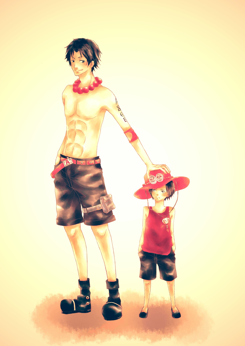 age_difference dual_persona freckles hat highres hitomi_(toncha--n) male_focus multiple_persona one_piece portgas_d_ace smiley tank_top younger