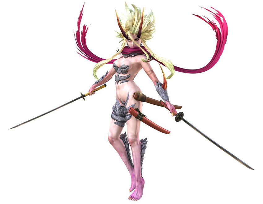 3d alternate_form aya_(oneechanbara) dual_wielding horns monster_girl official_art oneechanbara scarf sheath sword weapon