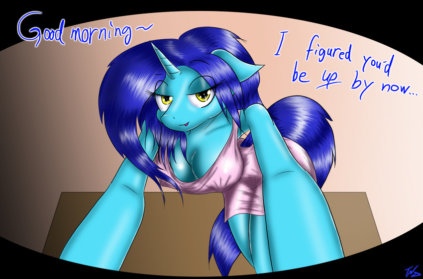 anthro bedroom_eyes big_breasts blue_fur blue_hair breasts equine female first_person_view friendship_is_magic fur hair hi_res hooves horn horse long_hair looking_at_viewer mammal my_little_pony nightgown original_character pony presenting smile solo text tunderi unicorn yellow_eyes