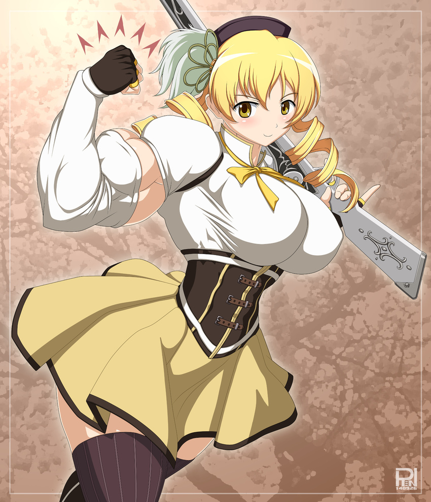 beret blonde_hair breasts brown_legwear corset detached_sleeves drill_hair fingerless_gloves flexing gloves gun hair_ornament hairpin hat highres huge_breasts magical_girl mahou_shoujo_madoka_magica muscle muscular_female pleated_skirt pose puffy_sleeves ren_(tainca2000) rifle skirt smile solo striped striped_legwear thighhighs tomoe_mami twin_drills twintails vertical-striped_legwear vertical_stripes weapon yellow_eyes