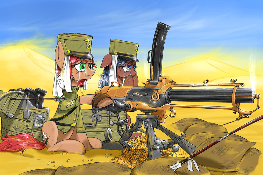 bullets crying equine friendship_is_magic gatling_gun gun hat horse madhotaru mammal military_uniform my_little_pony original_character pony ranged_weapon sad tears weapon