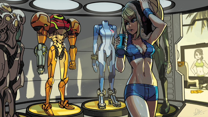 abs alex_ahad arm_cannon arm_up armor bangs bodysuit breasts chair cleavage commentary cowboy_shot drink drinking drinking_straw dumbbell energy_tank gloves hair_between_eyes hands_on_hips helmet high_ponytail highres holding indoors light_suit medium_breasts metroid metroid:_zero_mission metroid_fusion metroid_prime_2:_echoes midriff mole mole_under_mouth multiple_girls navel ponytail power_suit rockman samus_aran shadow short_shorts shorts signature solo_focus sports_bra super_smash_bros. sweat television toned towel towel_on_head unzipped varia_suit visor weapon weights wii_fit wii_fit_trainer wristband zero_suit zipper