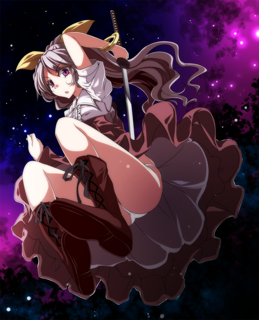 ass bad_id bad_pixiv_id boots bow bracelet cross-laced_footwear dress dress_shirt from_below hair_bow highres jewelry katana lace-up_boots long_hair looking_at_viewer looking_down night night_sky panties pantyshot ponytail purple_eyes purple_hair s-syogo shirt short_sleeves skirt sky solo star_(sky) starry_sky sword touhou underwear upskirt watatsuki_no_yorihime weapon white_panties white_shirt