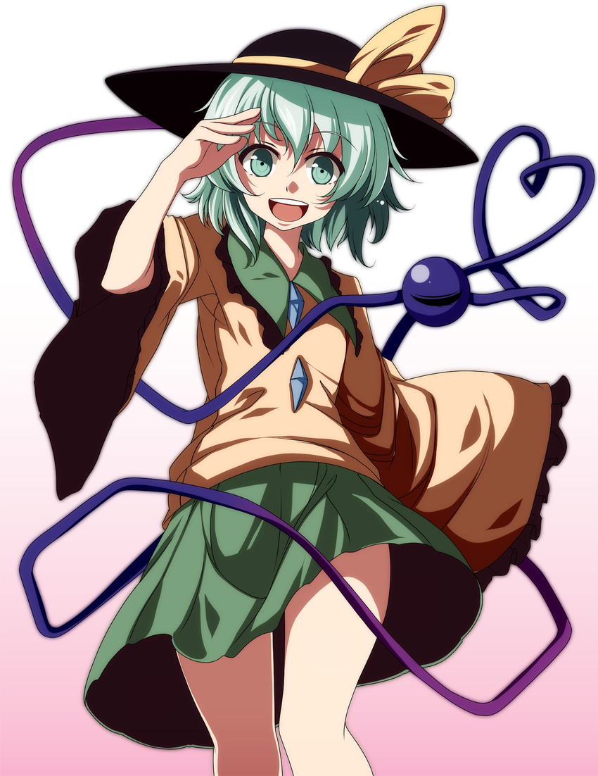 bad_id bad_pixiv_id gradient gradient_background green_eyes hat hat_ribbon heart heart_of_string highres komeiji_koishi long_sleeves open_mouth ribbon s-syogo shirt silver_hair skirt smile solo third_eye touhou wide_sleeves