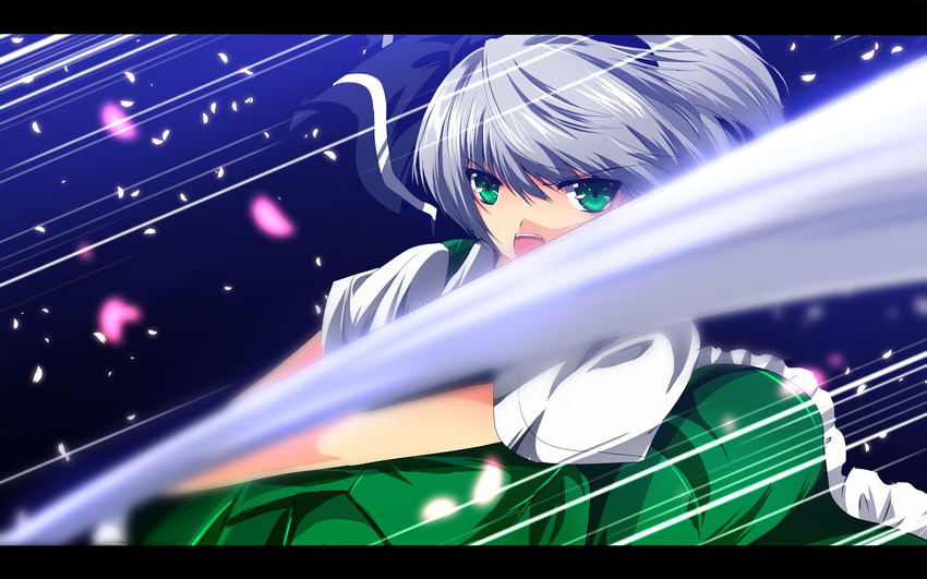 action attack bow cherry_blossoms dress face green_dress green_eyes hair_bow hairband highres katana konpaku_youmu letterboxed looking_at_viewer nekominase open_mouth petals ribbon shirt short_sleeves silver_hair slashing solo sword touhou weapon