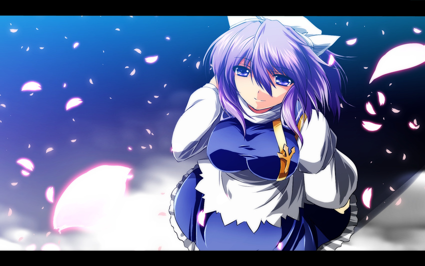 apron blue_dress blue_skirt breasts cherry_blossoms dress frilled_skirt frills from_above hand_on_own_head hat highres juliet_sleeves large_breasts letterboxed letty_whiterock long_sleeves looking_at_viewer nekominase petals puffy_sleeves purple_eyes purple_hair skirt skirt_set smile solo touhou waist_apron