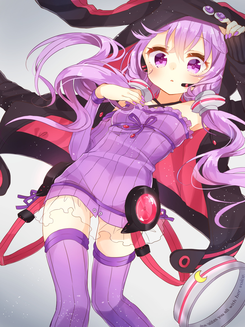 :o animal_hood bad_id bad_pixiv_id bare_shoulders headset highres hood jimmy long_hair looking_at_viewer purple_eyes purple_hair purple_legwear solo thighhighs twintails vocaloid voiceroid yuzuki_yukari