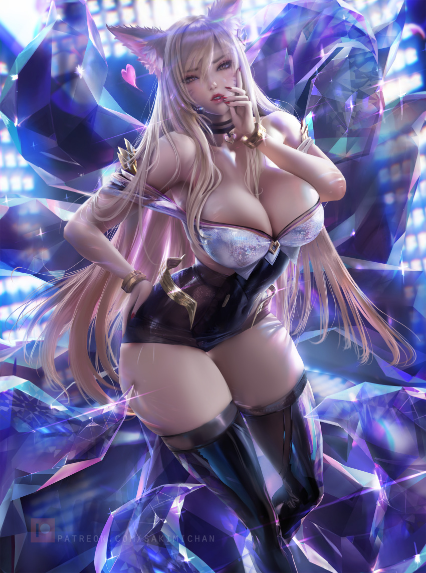 ahri animal_ears cleavage league_of_legends official_watermark possible_duplicate sakimichan tail thighhighs
