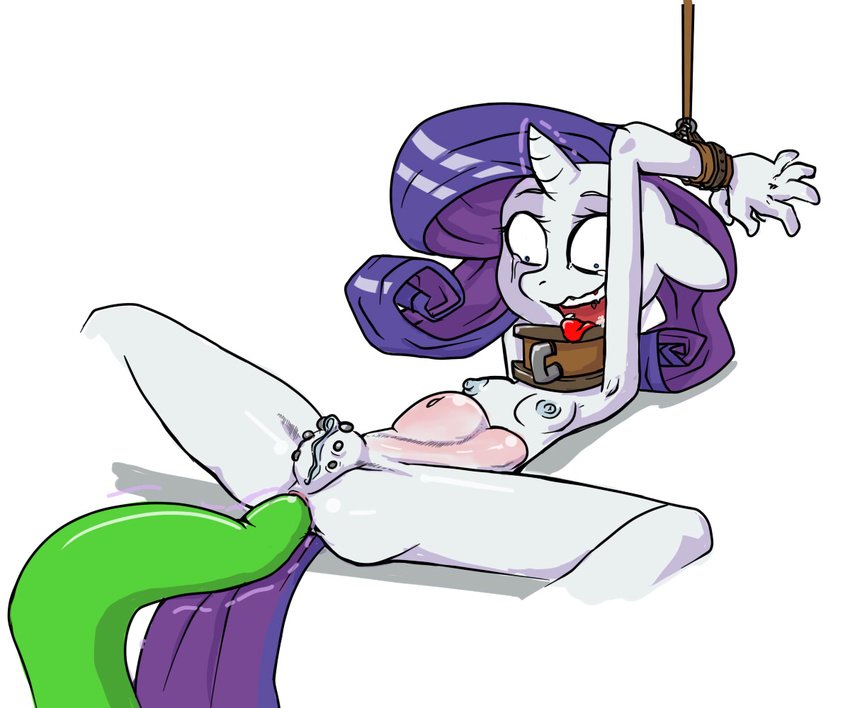 abdominal_bulge ahegao anal anal_penetration anus bound breasts collar darkminou equine friendship_is_magic hair horn lying mammal my_little_pony on_back open_mouth penetration purple_hair pussy rarity_(mlp) small_breasts solo tears tentacles tongue tongue_out unicorn vaginal_piercing