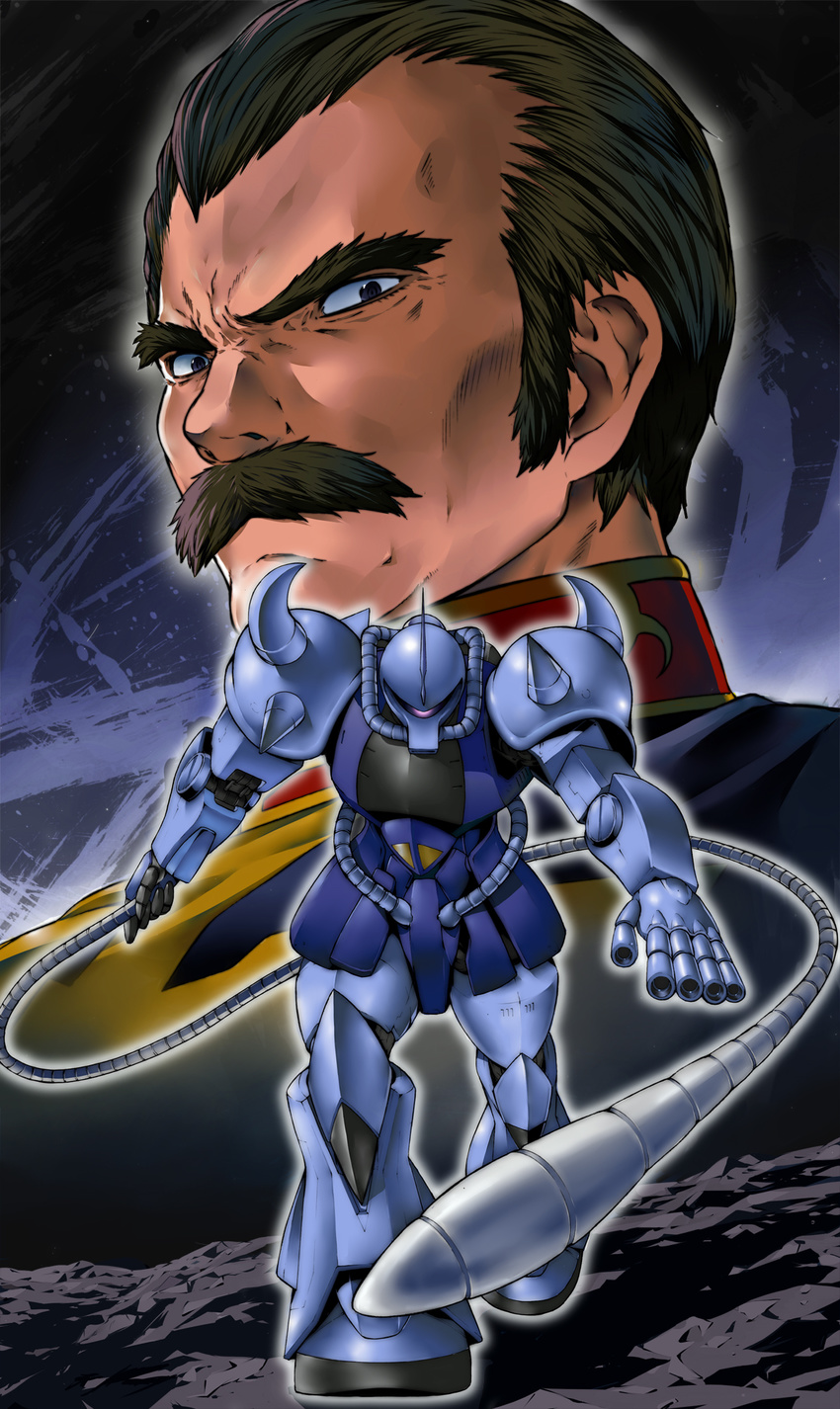 1boy facial_hair gouf gundam highres mecha military military_uniform mobile_suit_gundam mustache ramba_ral uniform