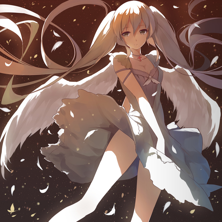 aqua_eyes aqua_hair breasts bug butterfly caidychen choker cross dress feathers hatsune_miku highres insect legs long_hair looking_at_viewer petals small_breasts solo twintails very_long_hair vocaloid white_wings wind wind_lift wings