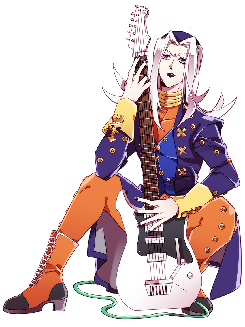 black_lipstick cosplay electric_guitar grey_hair guitar hat highres instrument jacket jojo_no_kimyou_na_bouken leone_abbacchio lillian2247 lipstick makeup male_focus otoishi_akira otoishi_akira_(cosplay) purple_eyes silver_hair solo