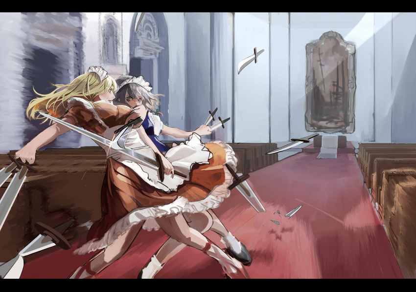 battle blonde_hair braid church dress duel grey_eyes hair_ornament highres izayoi_sakuya knife long_hair maid maid_headdress multiple_girls ribbon saya_(riongirl-only1) short_hair silver_hair sketch sword touhou touhou_(pc-98) twin_braids weapon yellow_eyes yumeko