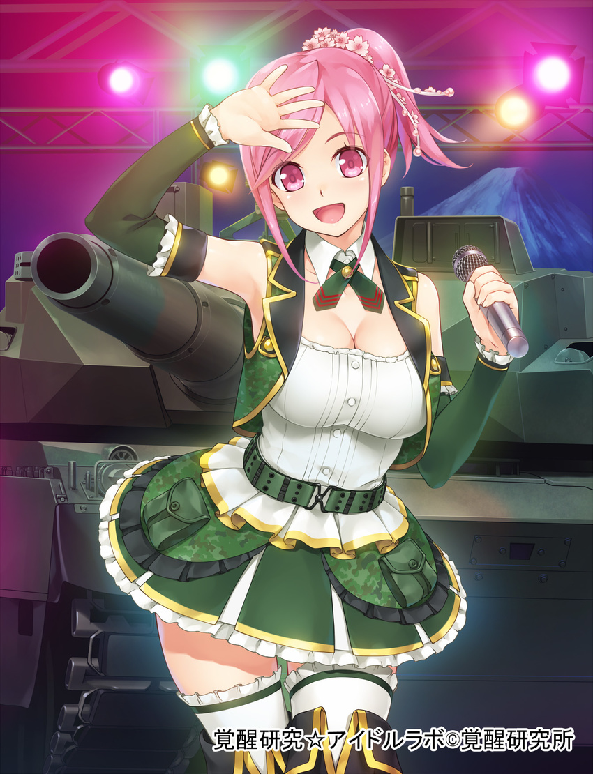 :d arm_garter belt boots breasts buckle buttons camouflage cleavage cowboy_shot detached_sleeves flower green_skirt ground_vehicle hair_flower hair_ornament highres holding holding_microphone kakusei_kenkyuu_idol_lab large_breasts leg_garter long_sleeves microphone military military_vehicle motor_vehicle mountain necktie open_mouth pink_eyes pink_hair pocket skirt smile solo standing tank thigh_boots thighhighs type_10_(tank) uniform wacchi zettai_ryouiki