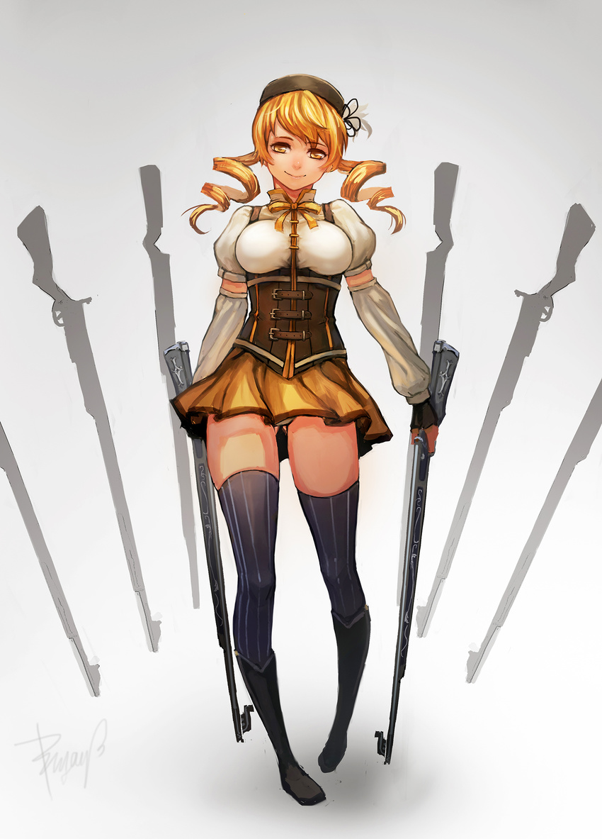 artist_name beret blonde_hair breasts bryanth corset drill_hair gun hair_ornament hat highres large_breasts looking_at_viewer magical_girl mahou_shoujo_madoka_magica panties rifle signature skirt smile solo striped striped_legwear thighhighs tomoe_mami twin_drills underwear vertical-striped_legwear vertical_stripes weapon yellow_eyes yellow_skirt